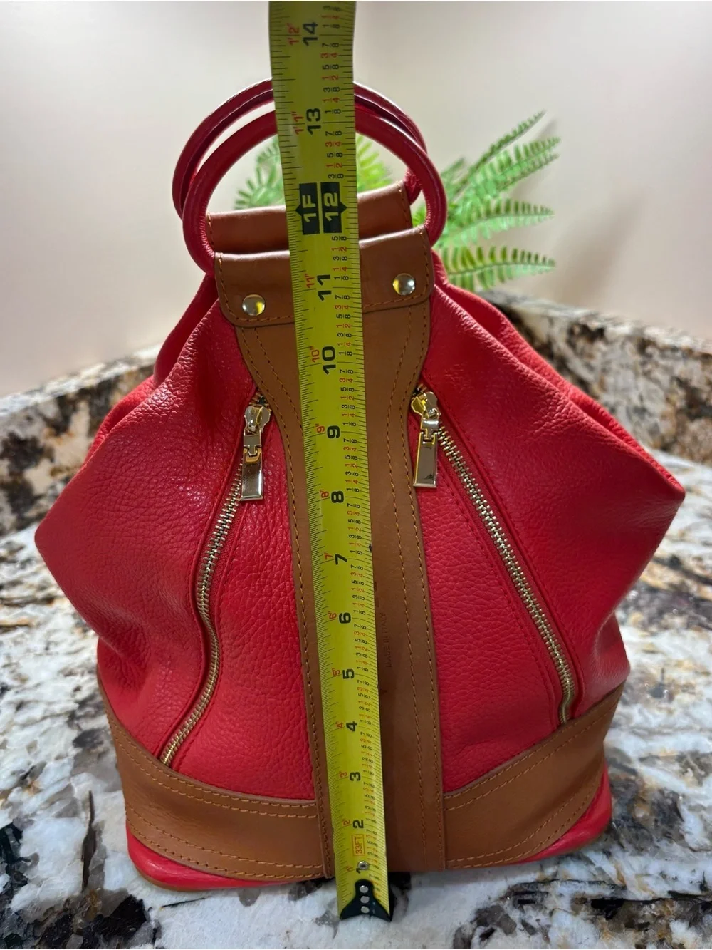 Valentina Coral Orange  and Tan Leather Tote with Gold Hardware